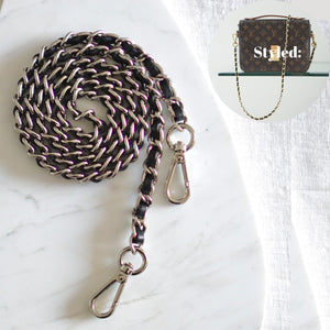 Our Interwoven Leather Chain Strap is the perfect accessory to customise your existing bags (eg Louis Vuitton Mini Pochette Accessoires, Pochette Metis, Speedy) or convert your favourite SLG into a bag (eg Toiletry 26) or as a replacement for Chanel Coco Handle bags. This is similar to Chanel’s iconic interwoven chain